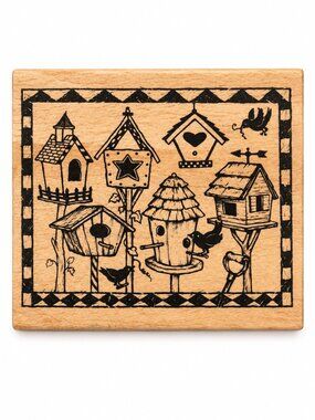 Birdhouse Collage Wood Mounted Rubber Stamp Birds Garden Folk Art Large